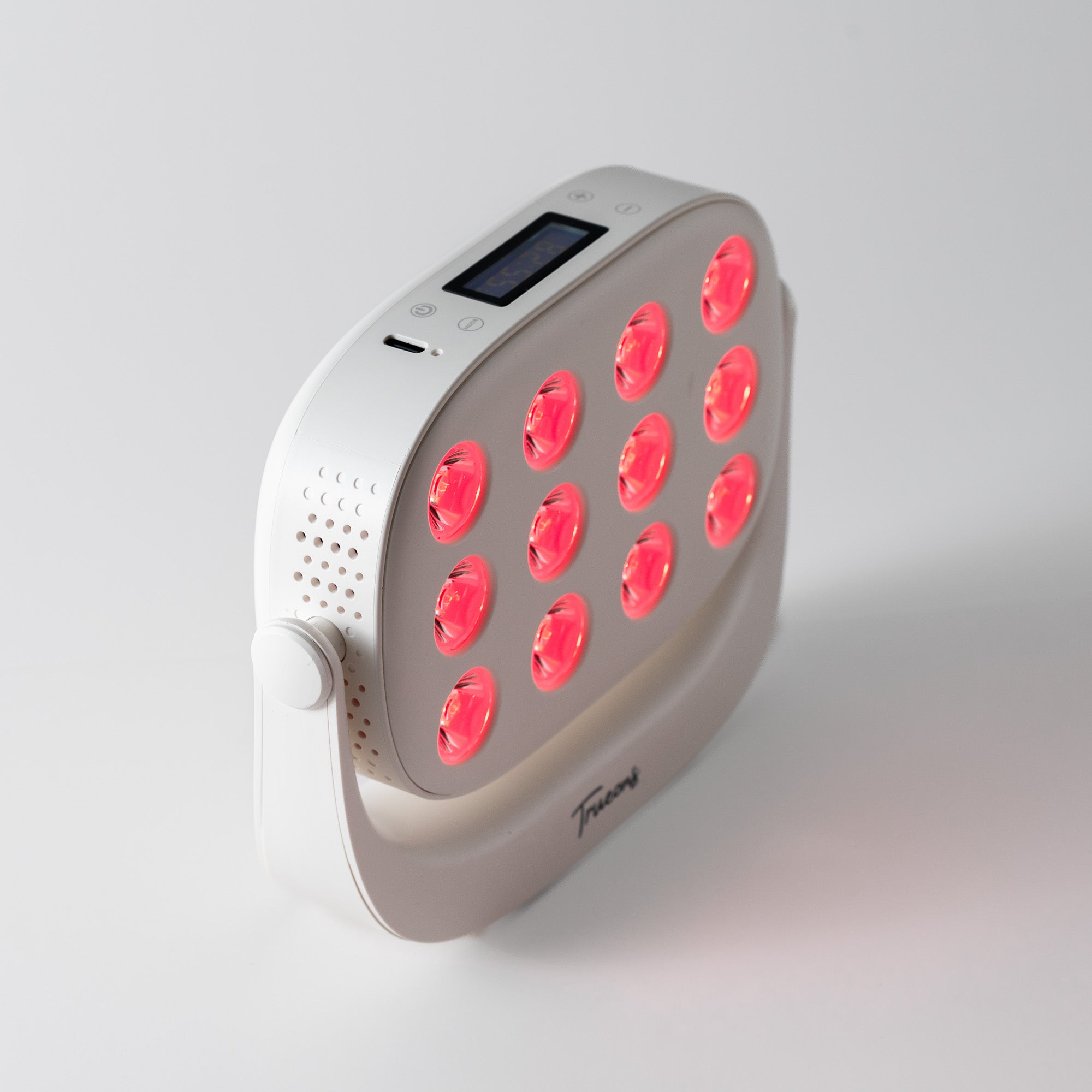 Trueons Quantum Mini angled view showing LED panel, LCD display, USB-C port, and control buttons