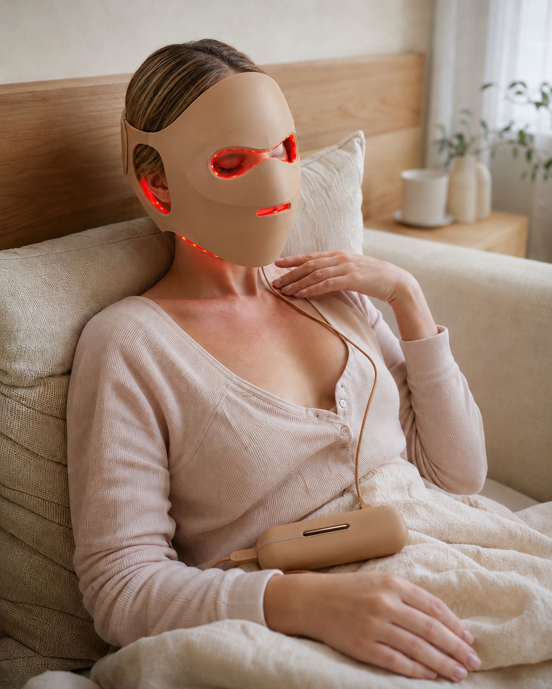 Woman wearing a LED face mask in a cozy living room setting
