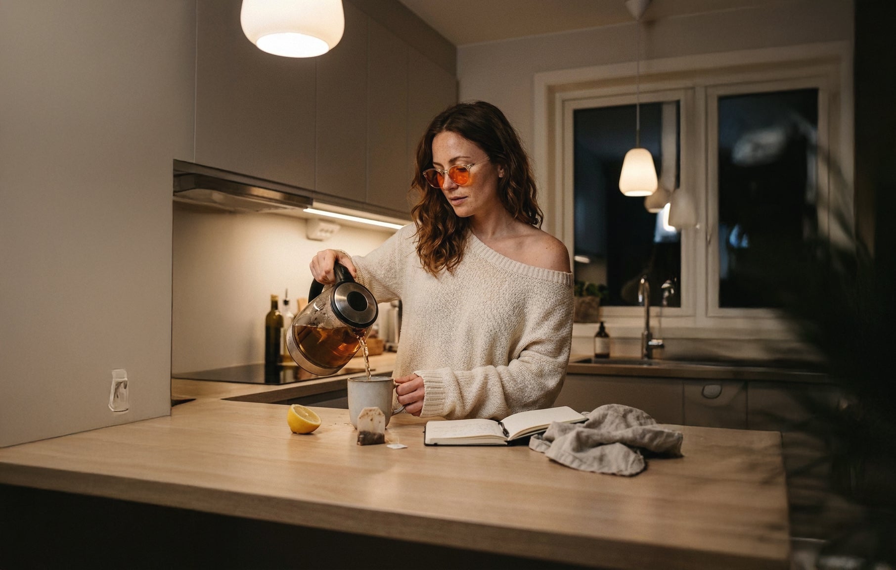 Woman pouring tea in a kitchen at night with blue light glasses for sleep optimisation.